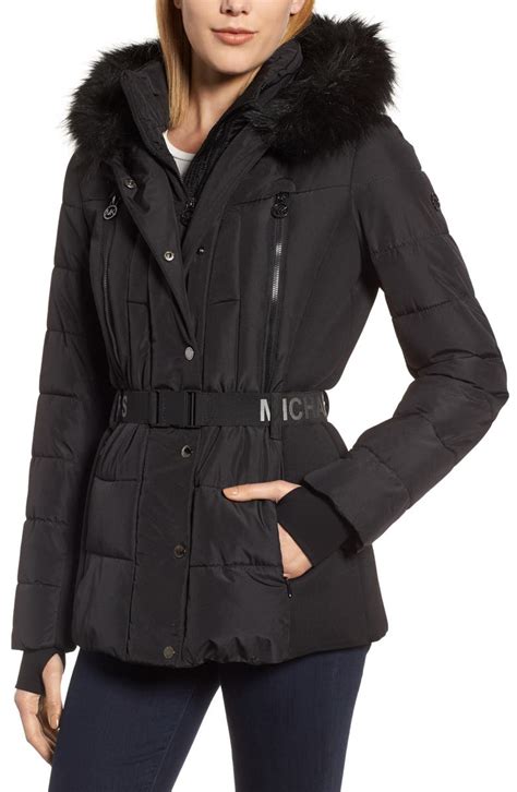 michael michael kors belted faux fur trim down puffer coat|Belted Puffer Coat .